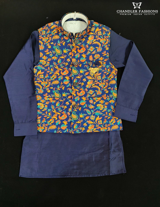 Elegant Blue Color Silk Cotton Sherwani Jacket With Pajama For Boys