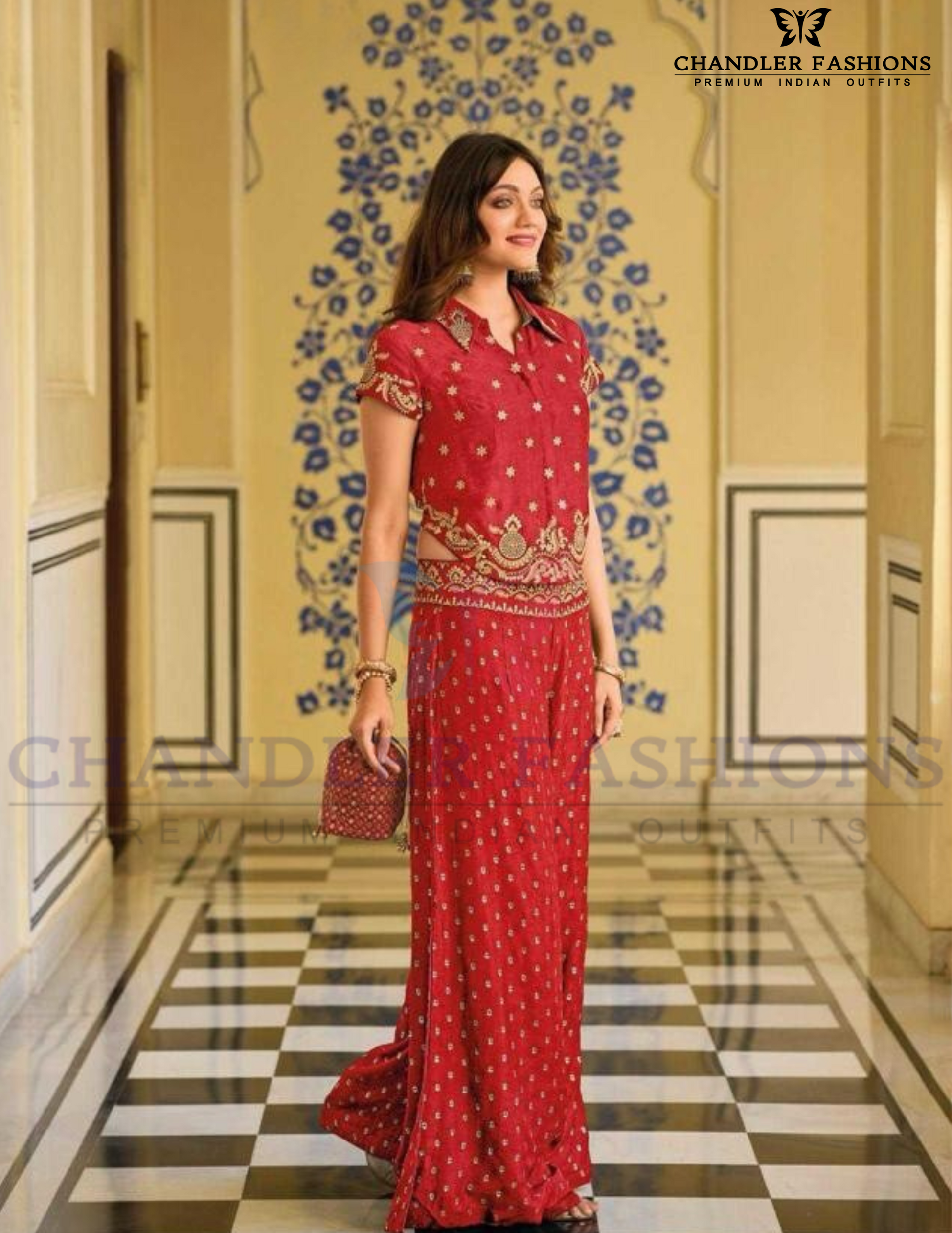 Divine Red Color Fancy Embroidery Work With Indo Western Palazzo Suits For Women