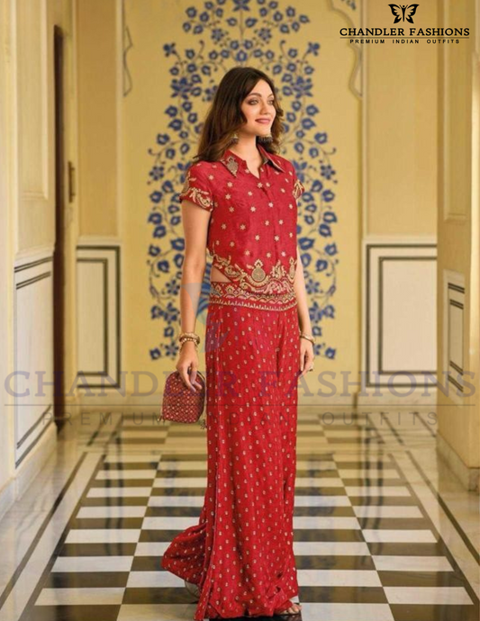 Divine Red Color Fancy Embroidery Work With Indo Western Palazzo Suits For Women