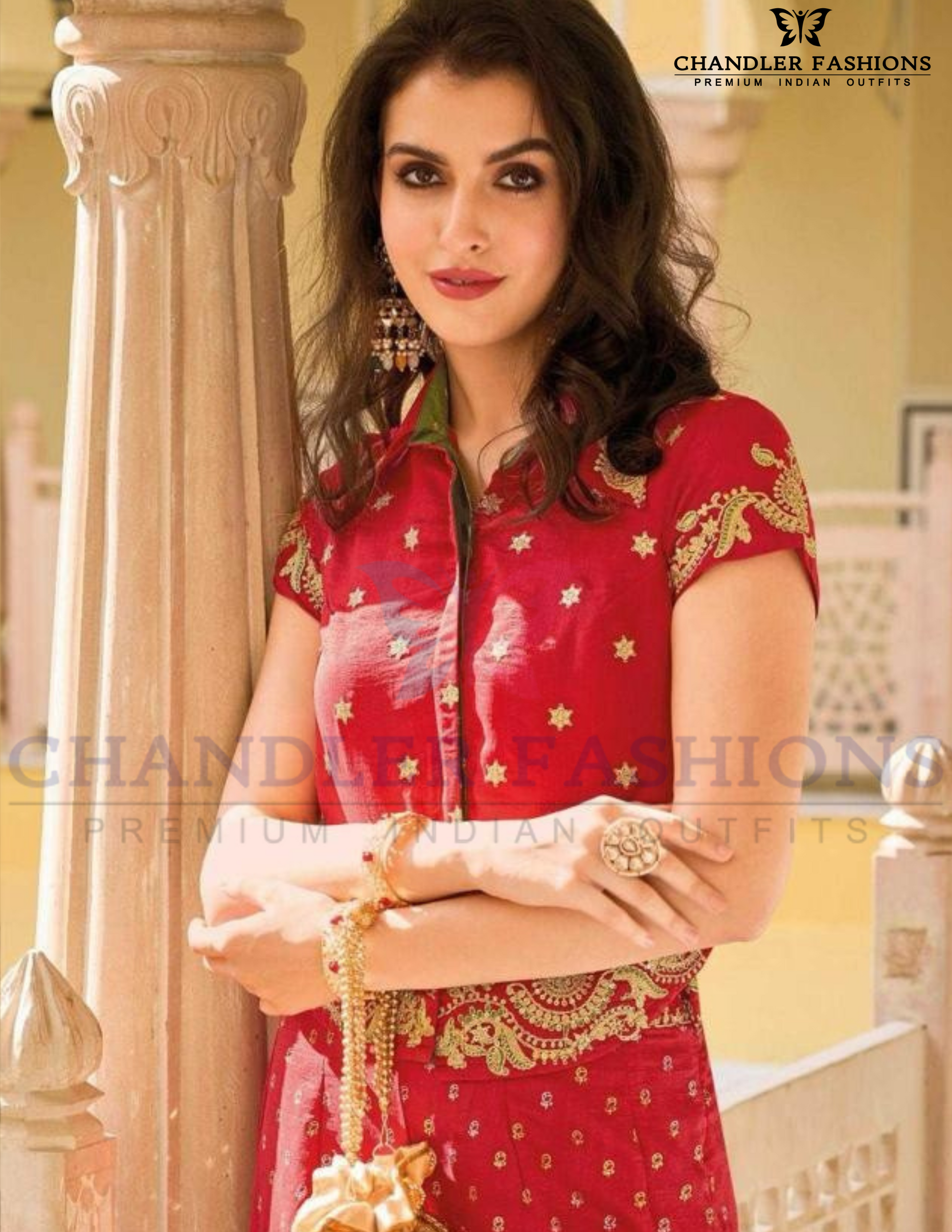 Divine Red Color Fancy Embroidery Work With Indo Western Palazzo Suits Near Me
