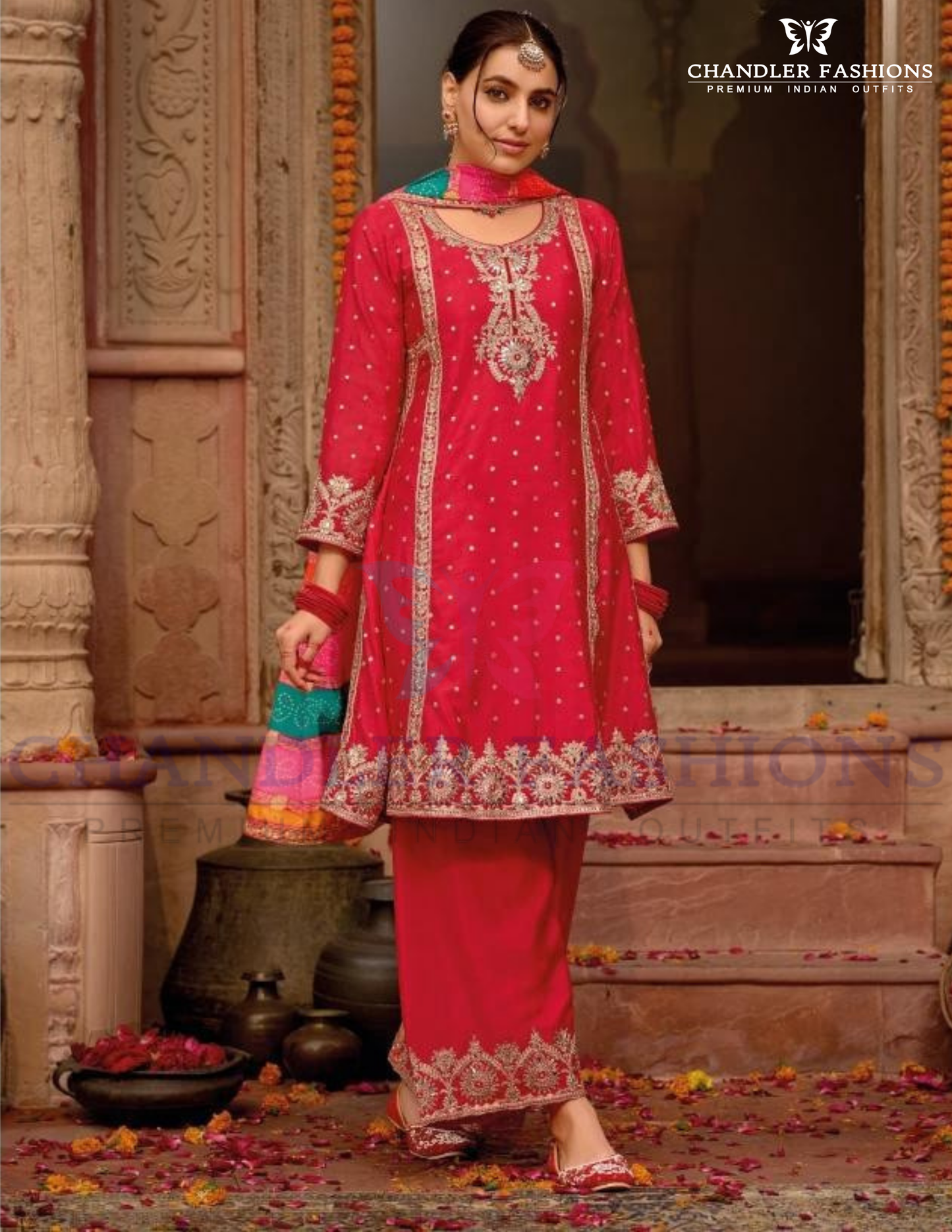 Attractive Rani Pink Color Chinon With Digital Print And Embroidery Work Palazzo Suits For Women