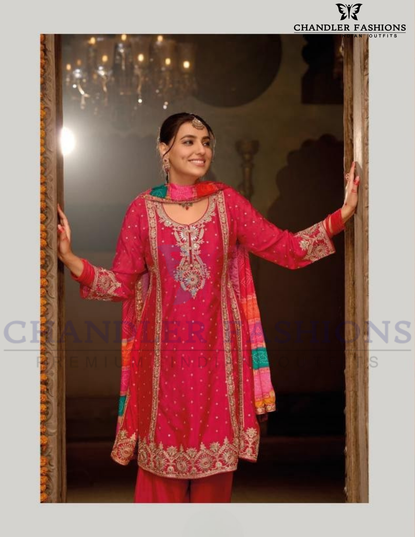 Attractive Rani Pink Color Chinon With Digital Print And Embroidery Work Palazzo Suits Near Me