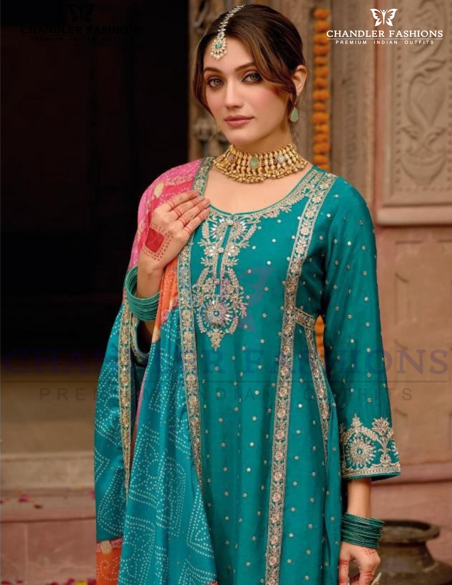 Beauteous Rama Green Color Chinon With Digital Print And Embroidery Work Palazzo Suits Near Me