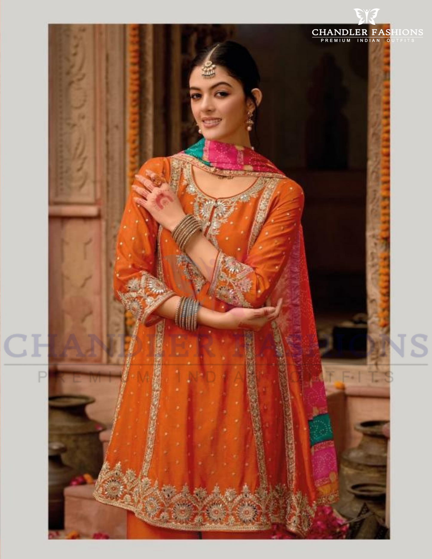 Fanciable Orange Color Chinon With Digital Print And Embroidery Work Palazzo Suits Near Me