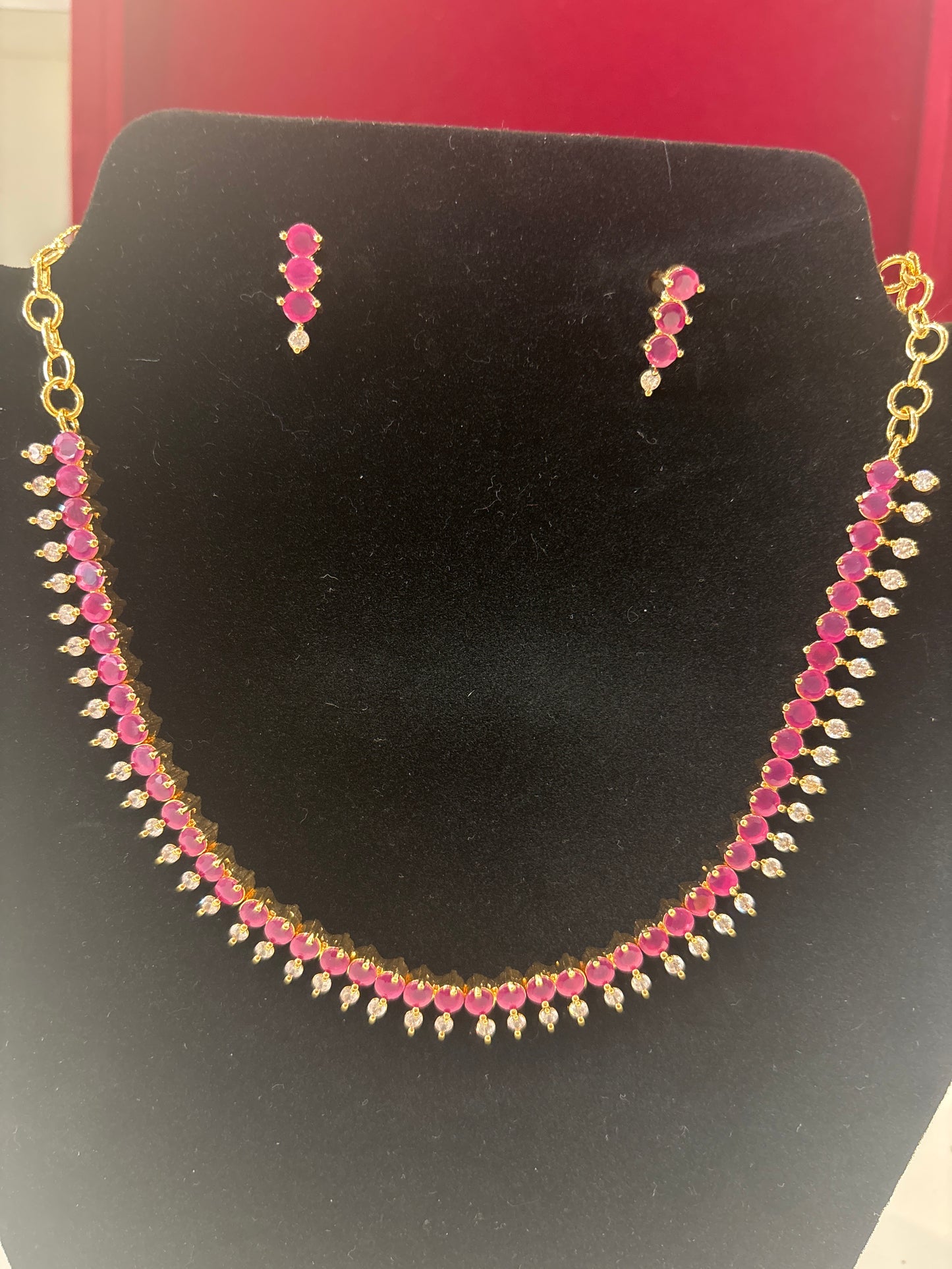 Attractive Pink and White Color Stones Gold Plated Necklace With Earrings Set