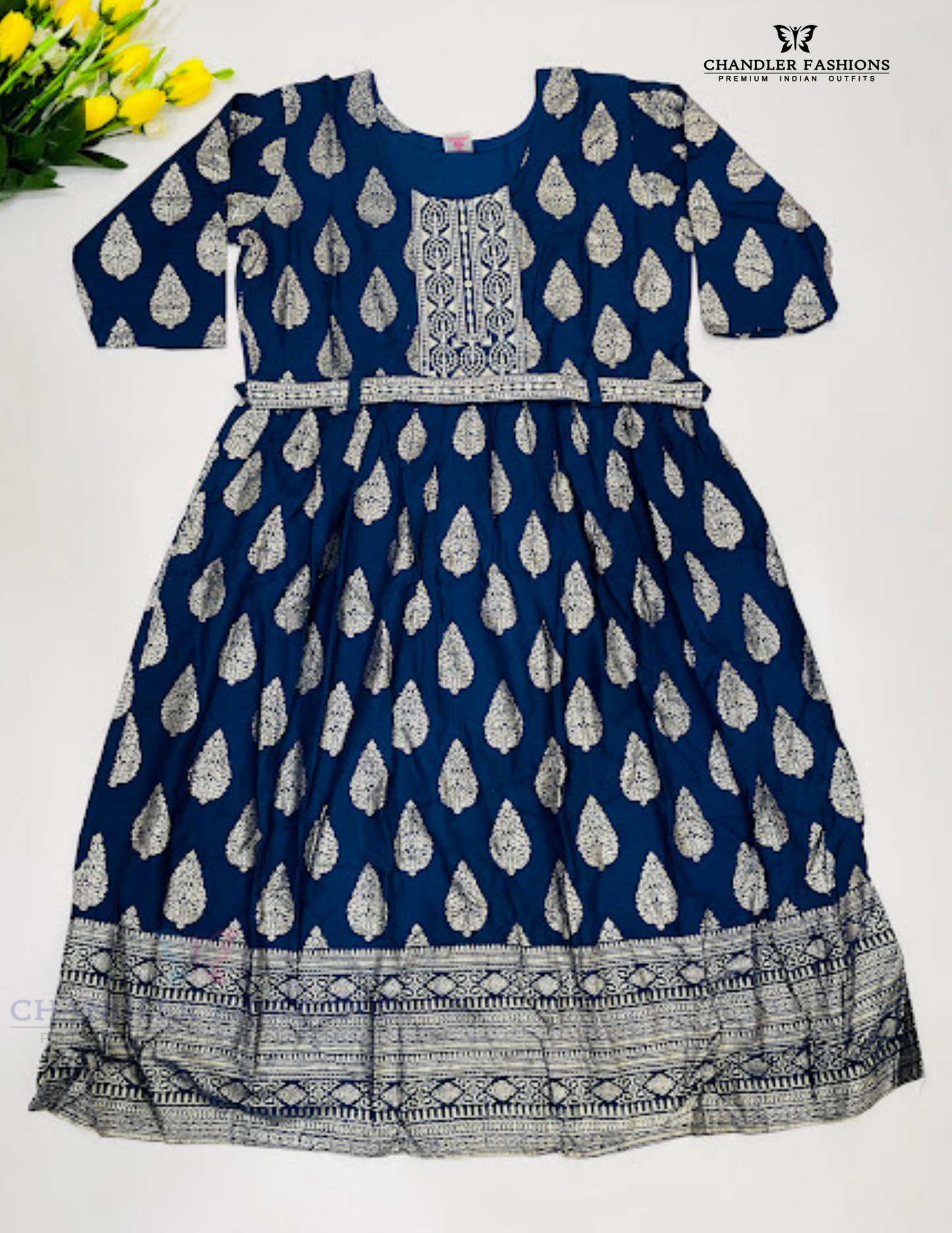 Pretty Navy Blue Color Printed And Sequins Work Rayon Kurti With Belt For Women