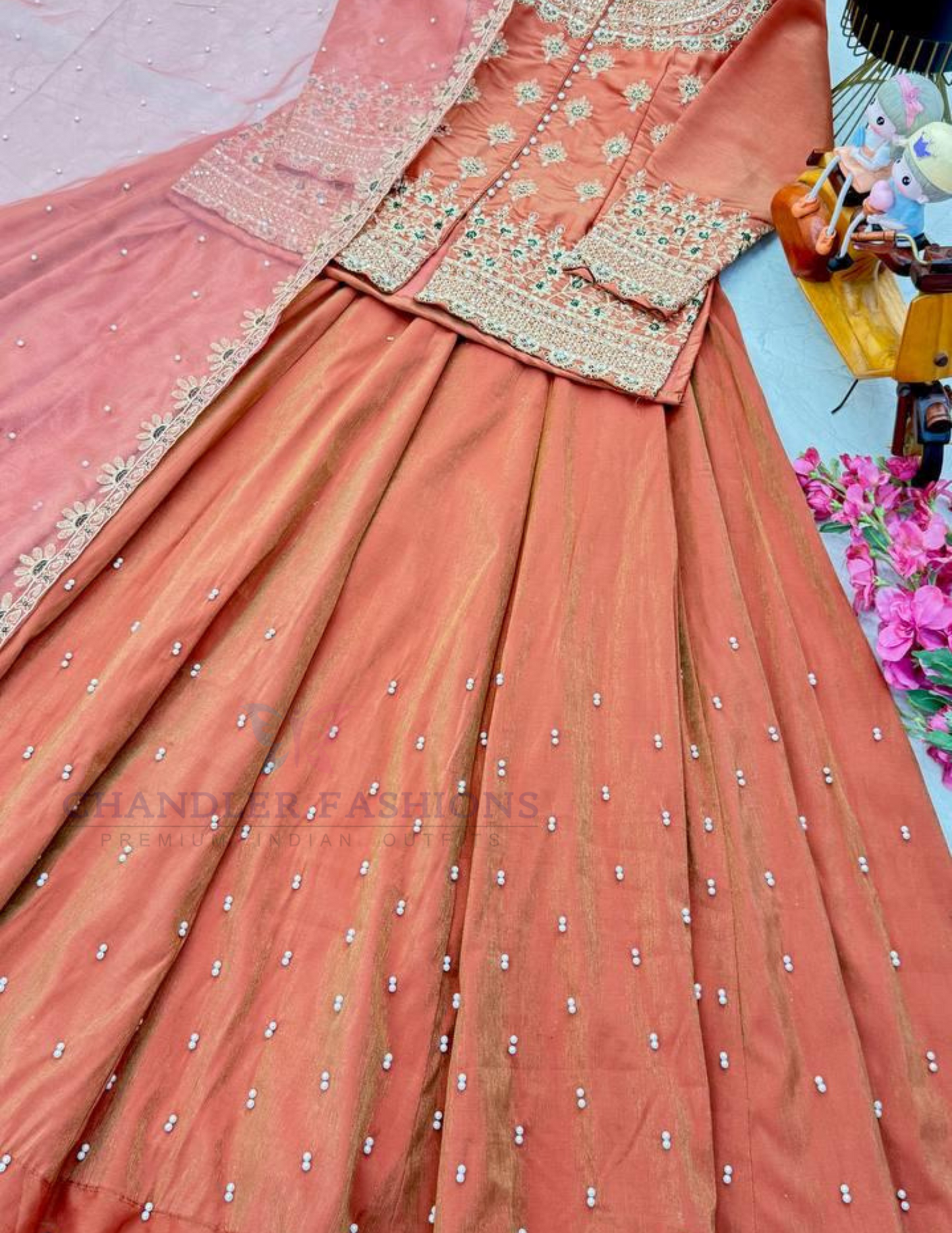Peach Color Shimmer Silk Lehenga In Mesa