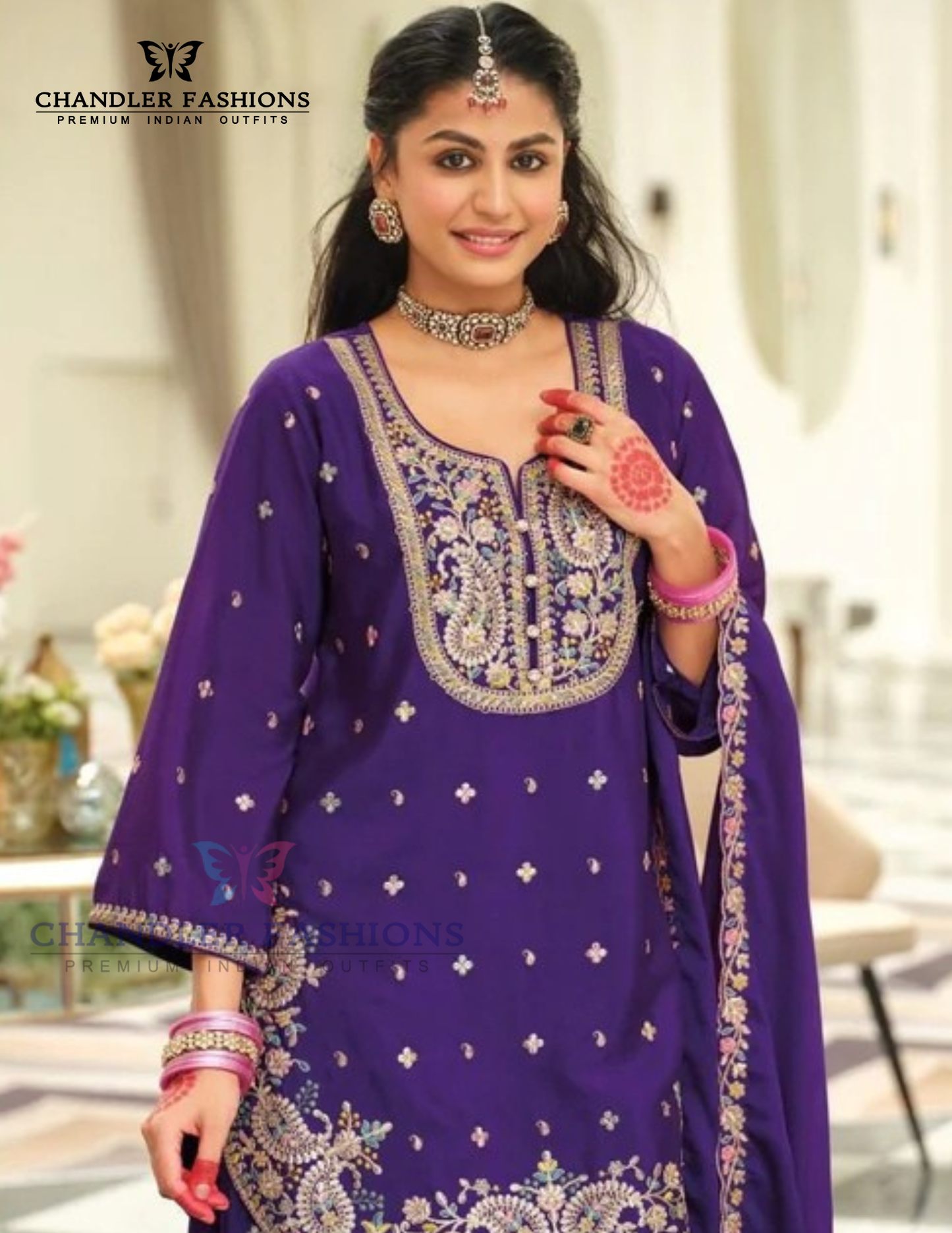 Beautiful Violet Color Chinon Silk With Embroidery Work Palazzo Suits Near Me