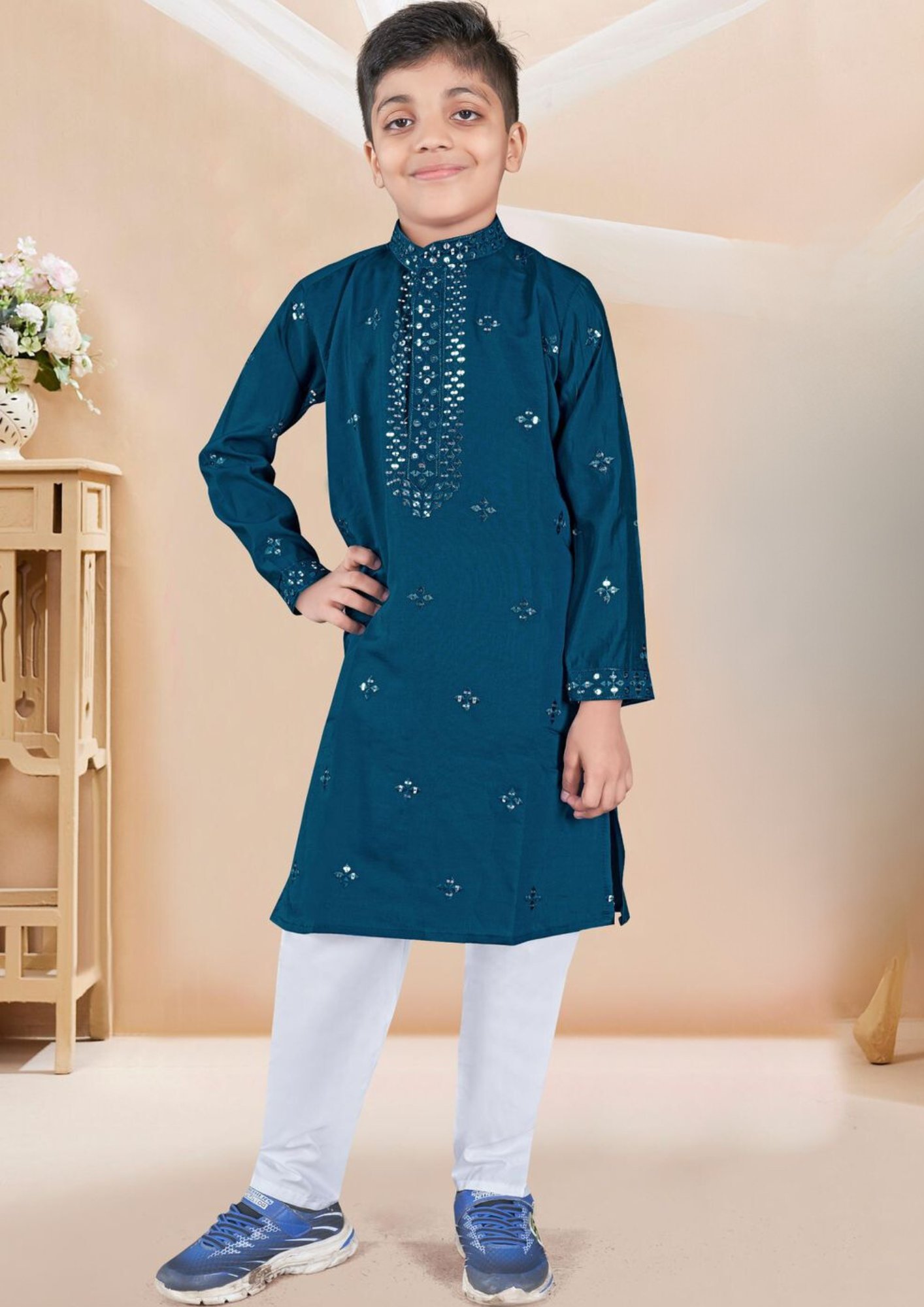 Stunning Teal Blue Color Sequins Work Kurta And Pajama Pant For Kids