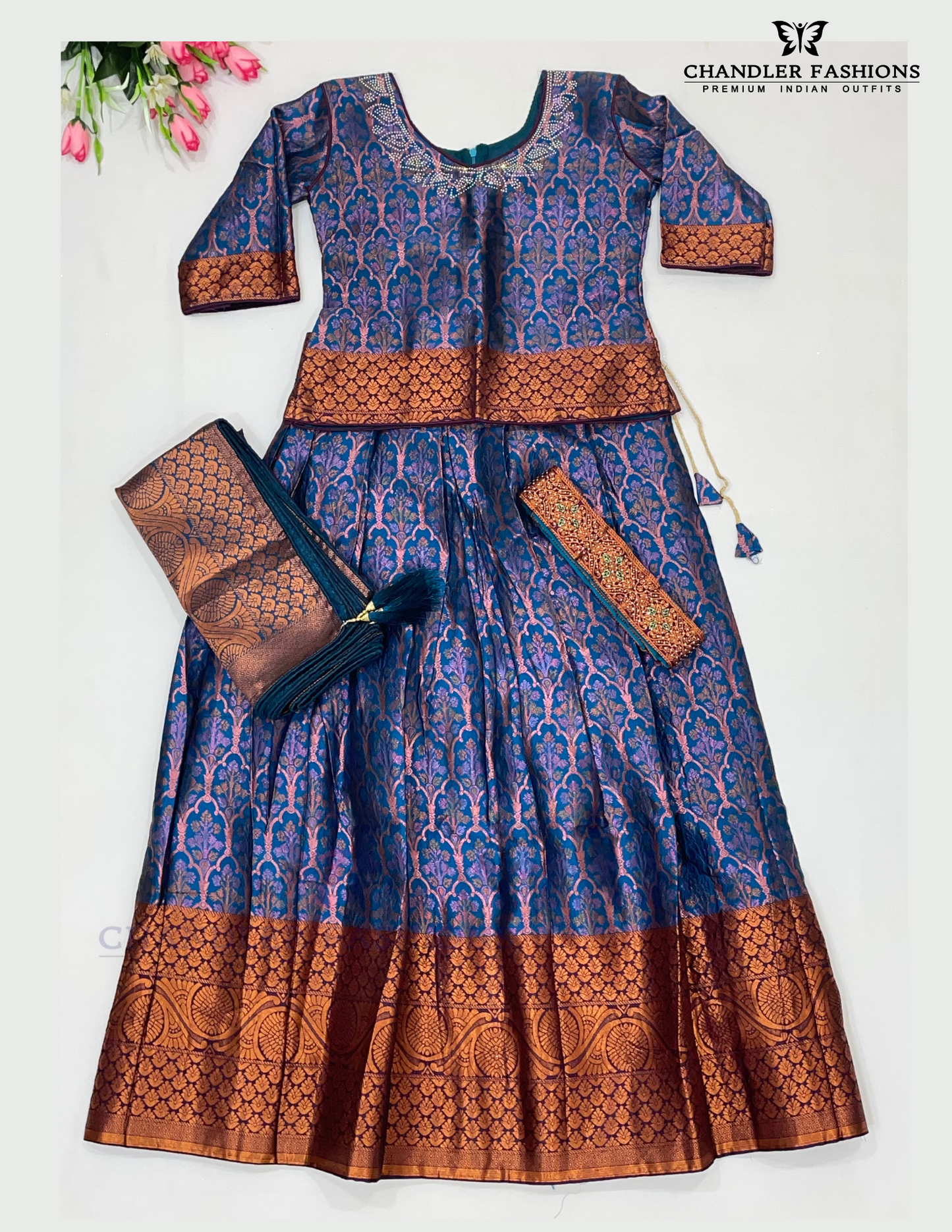 Attractive Blue Color Silk Choli Sets With Stone Work For Girls