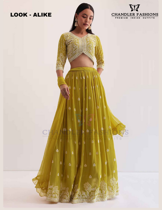 Attractive Mustard Yellow Color Georgette Lehenga Choli With Embroidery Work For Women