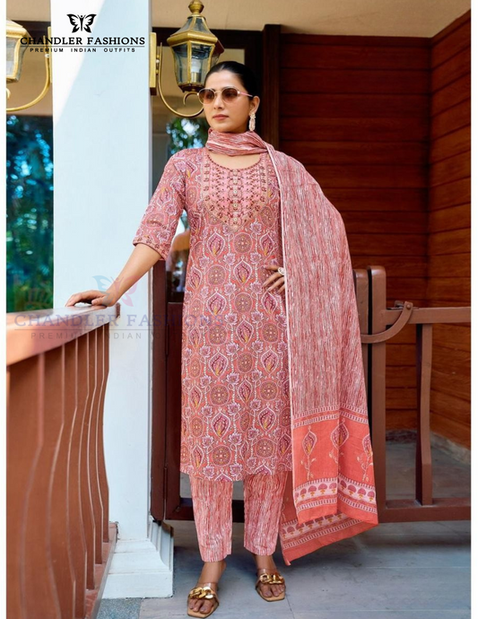 Elegant Light Pink Color Cotton Printed Embroidery Work Salwar Suits With Dupatta Set