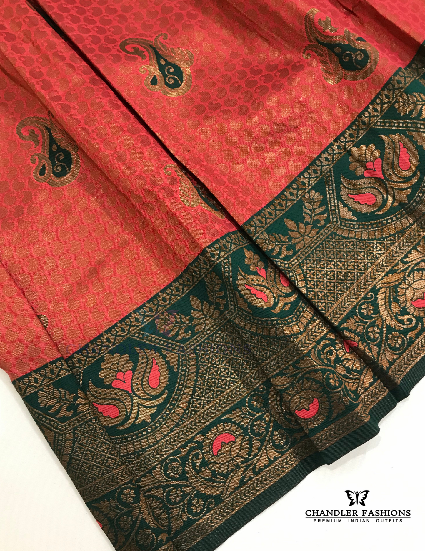 Red And Green Color Silk Langa set With Stone Work In Mesa