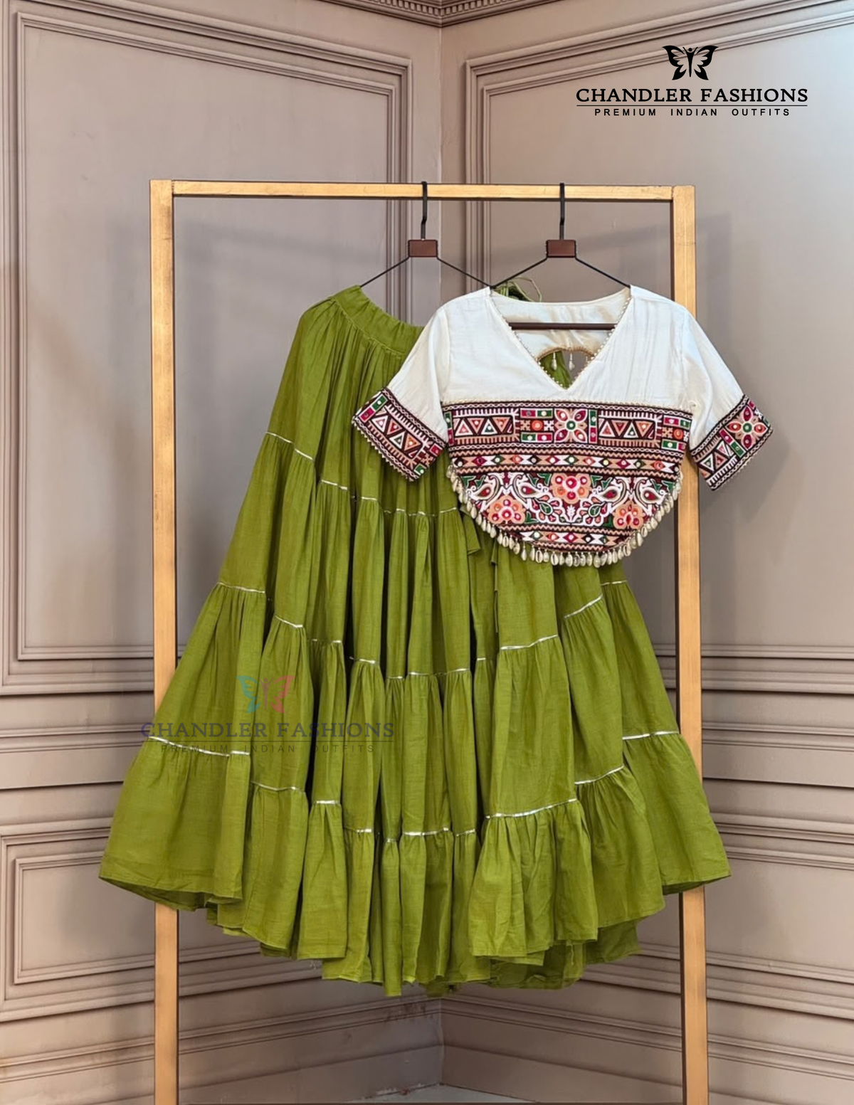 Amazing Green Color Kora Cotton With Kutchi Patchwork Lehenga For Women