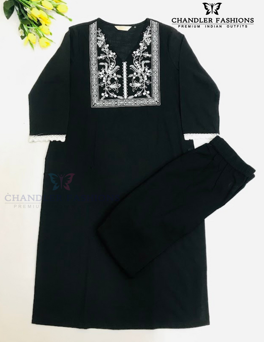 Wonderful Black Color Embroidery Work Cotton Kurti Suits For Women