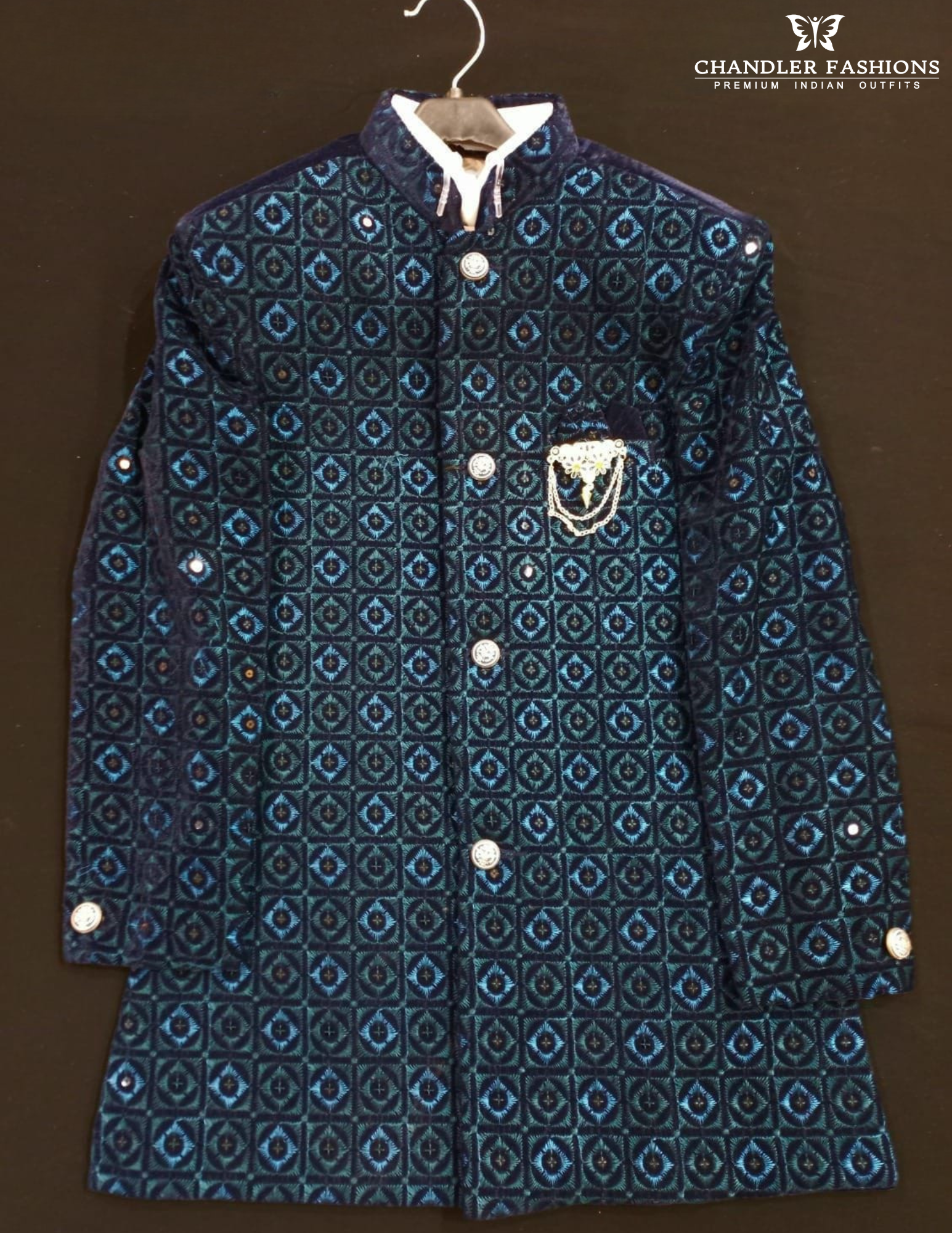 Attractive Teal Blue Color Silk Cotton Sherwani Jacket With Pajama For Boys