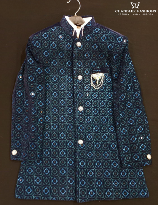 Attractive Teal Blue Color Silk Cotton Sherwani Jacket With Pajama For Boys