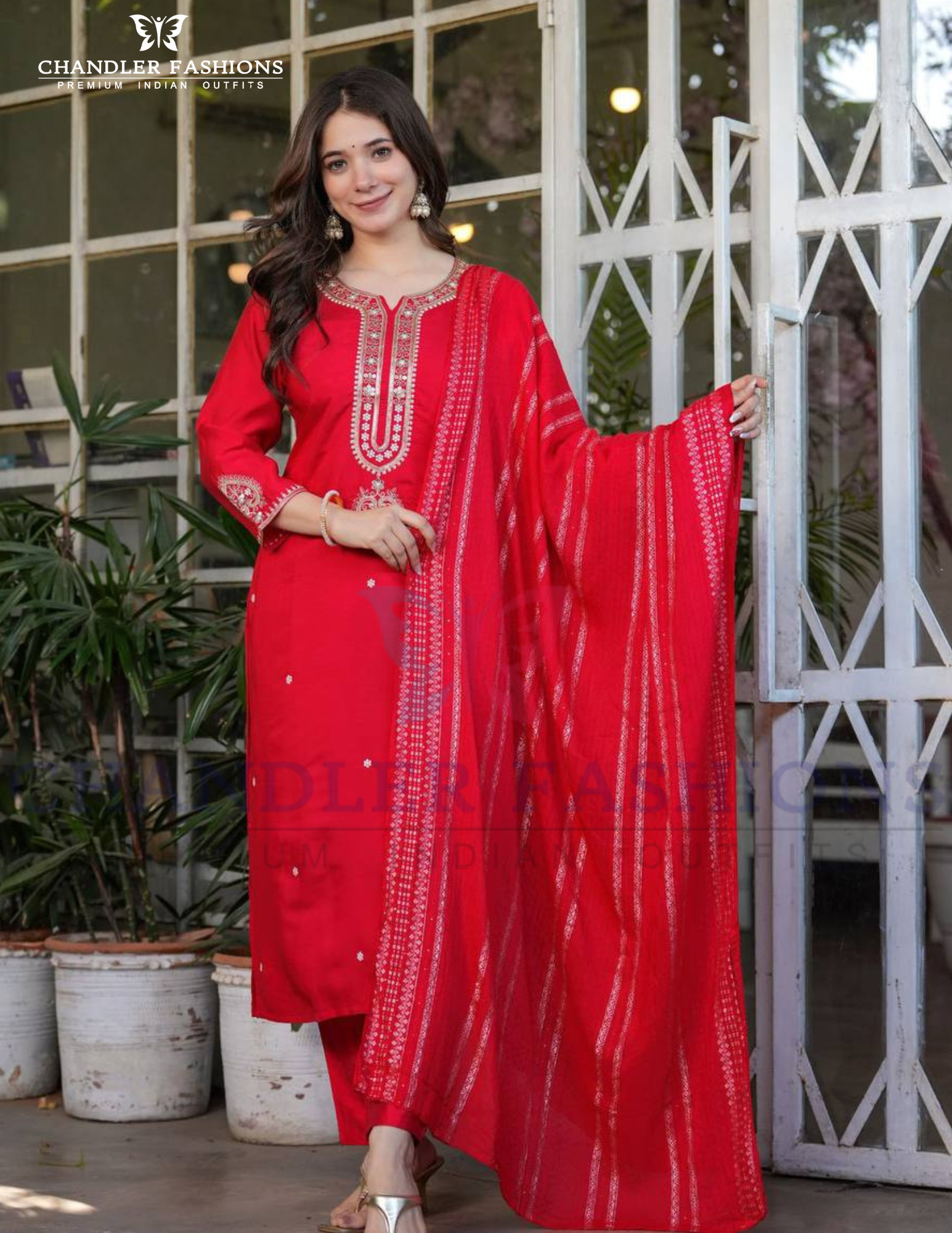 Elegant Red Color Viscose Chanderi Sequins Work Salwar Suits With Dupatta Set