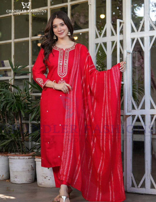 Elegant Red Color Viscose Chanderi Sequins Work Salwar Suits With Dupatta Set