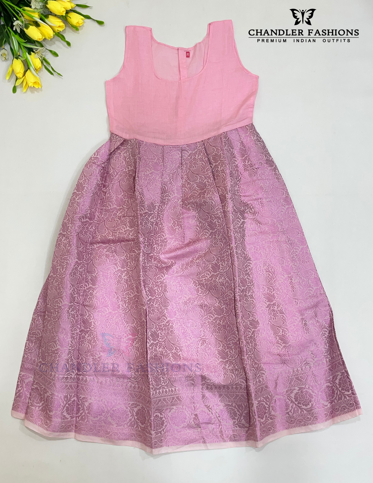 Gray And Pink Colored Self Design Silk Langa Sets In Yuma
