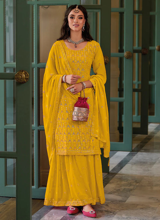 Dazzling Yellow Blooming Georgette Embroidered Festive Pakistani Style Palazzo Suits