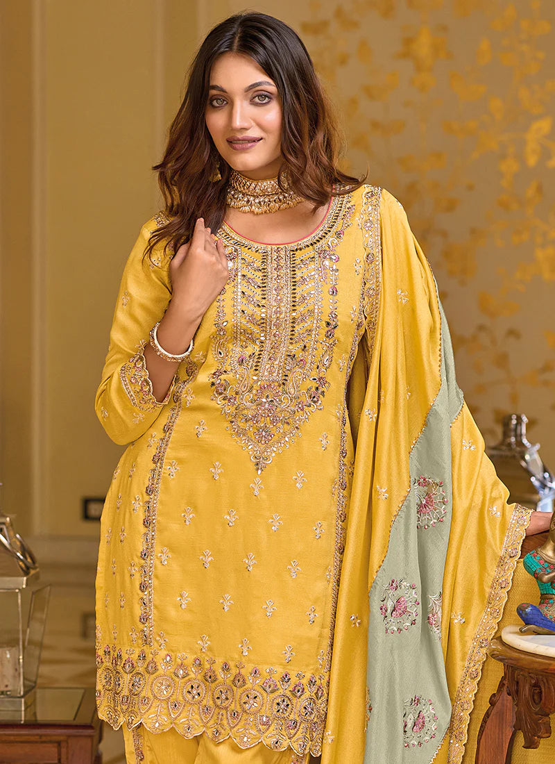 Yellow Premium Silk Embroidered Festival Wedding Pant Salwar Kameez Near Me
