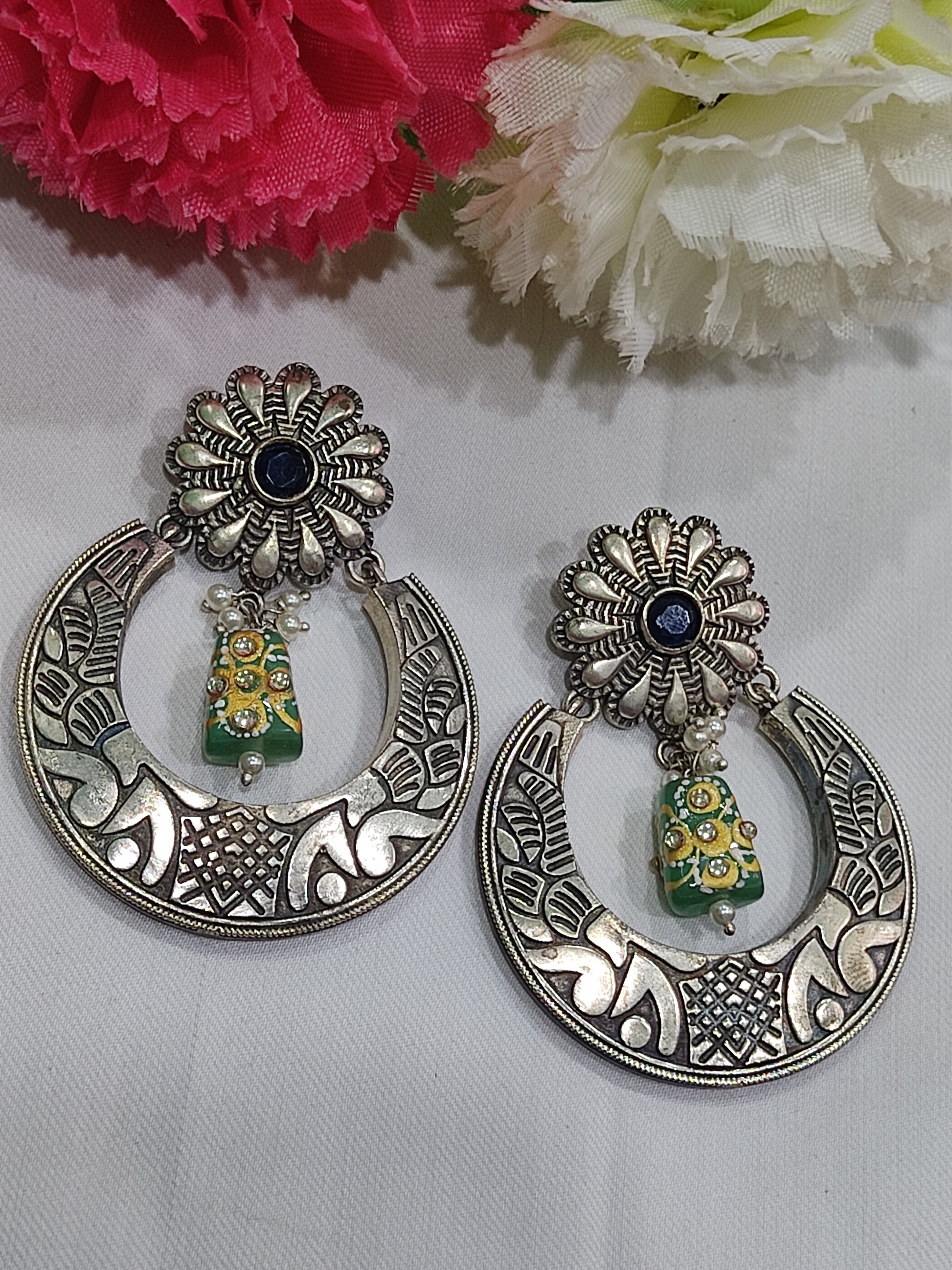 Attractive Brass And Copper Made Silver Toned Chandbali Earrings In USA
