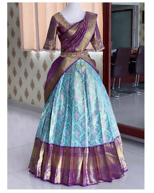 Attractive Designer Kanjeevaram Silk Half Saree wedding Wear Lehenga Choli With Banarasi Dupatta