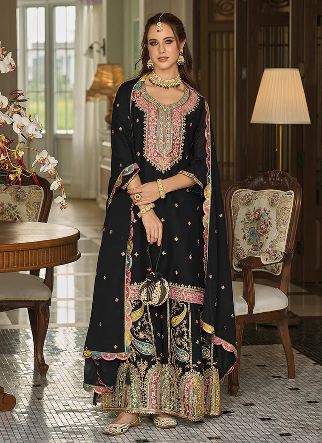 Attractive Black Colored Heavy Chinon With Embroidery Work Palazzo Suits For Women