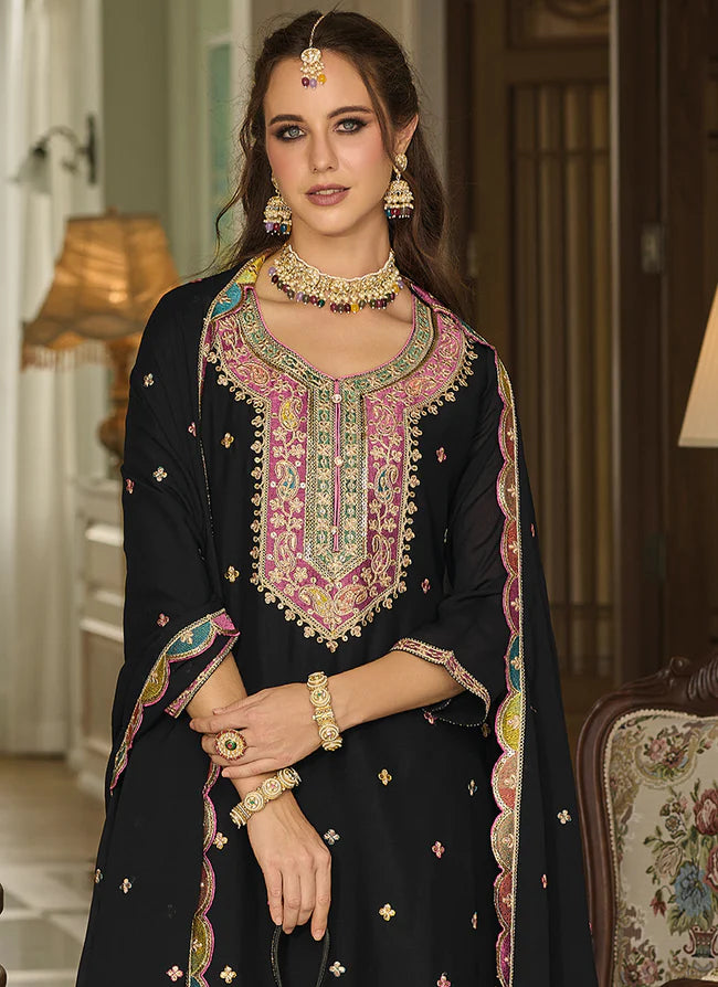 Attractive Black Colored Heavy Chinon Palazzo Suits Near Me