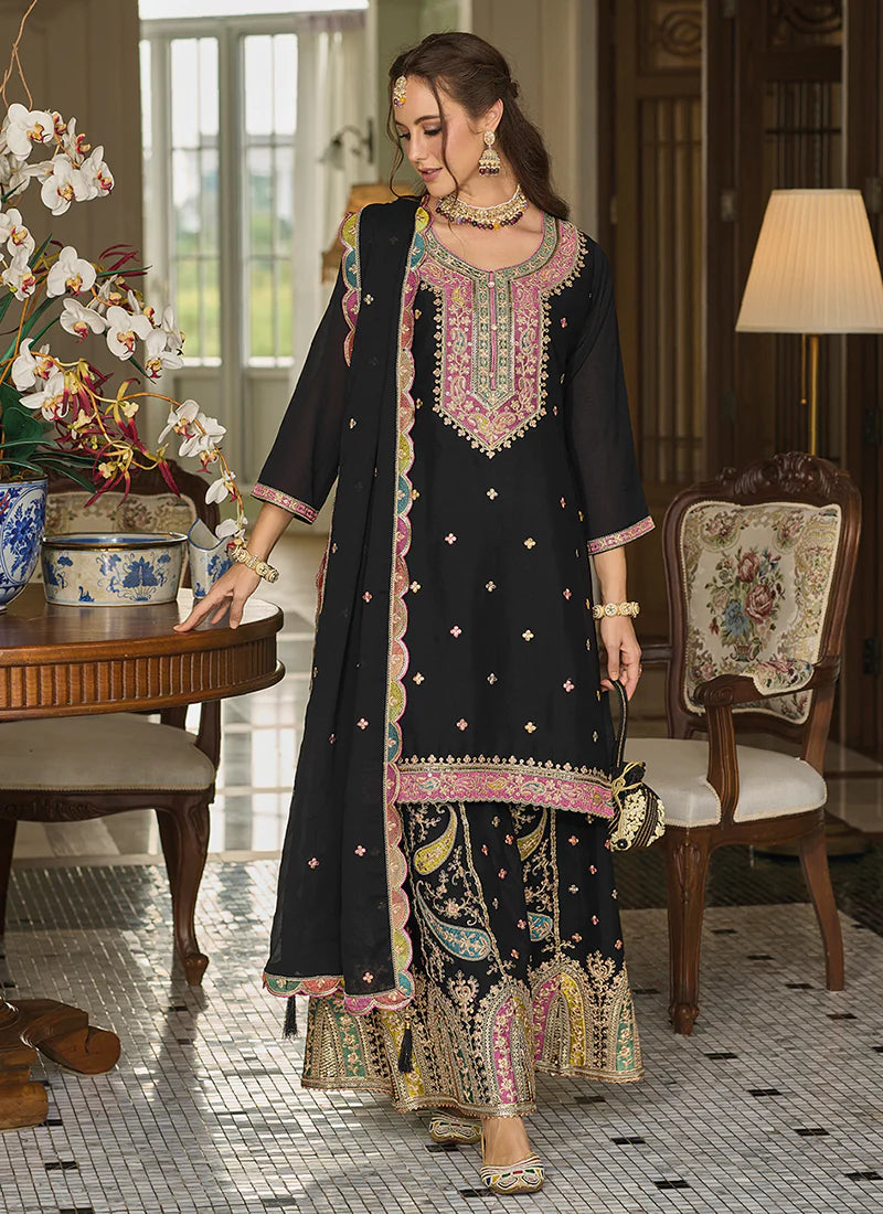 Attractive Black Color Heavy Chinon Palazzo Suits For Women In USA