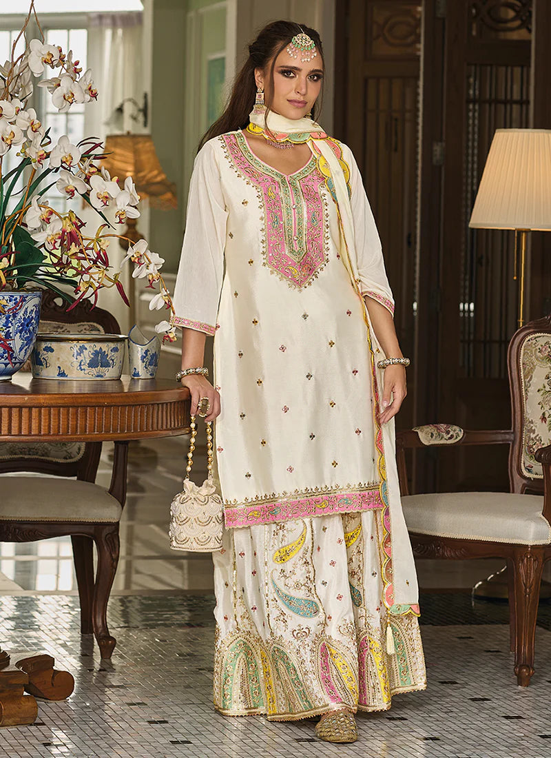 Pretty White Color Heavy Chinon With Embroidery Work Palazzo Suits And Dupatta