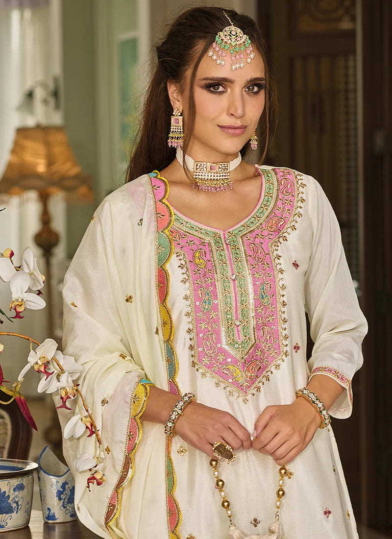 Pretty White Color Heavy Chinon Palazzo Suits Near Me