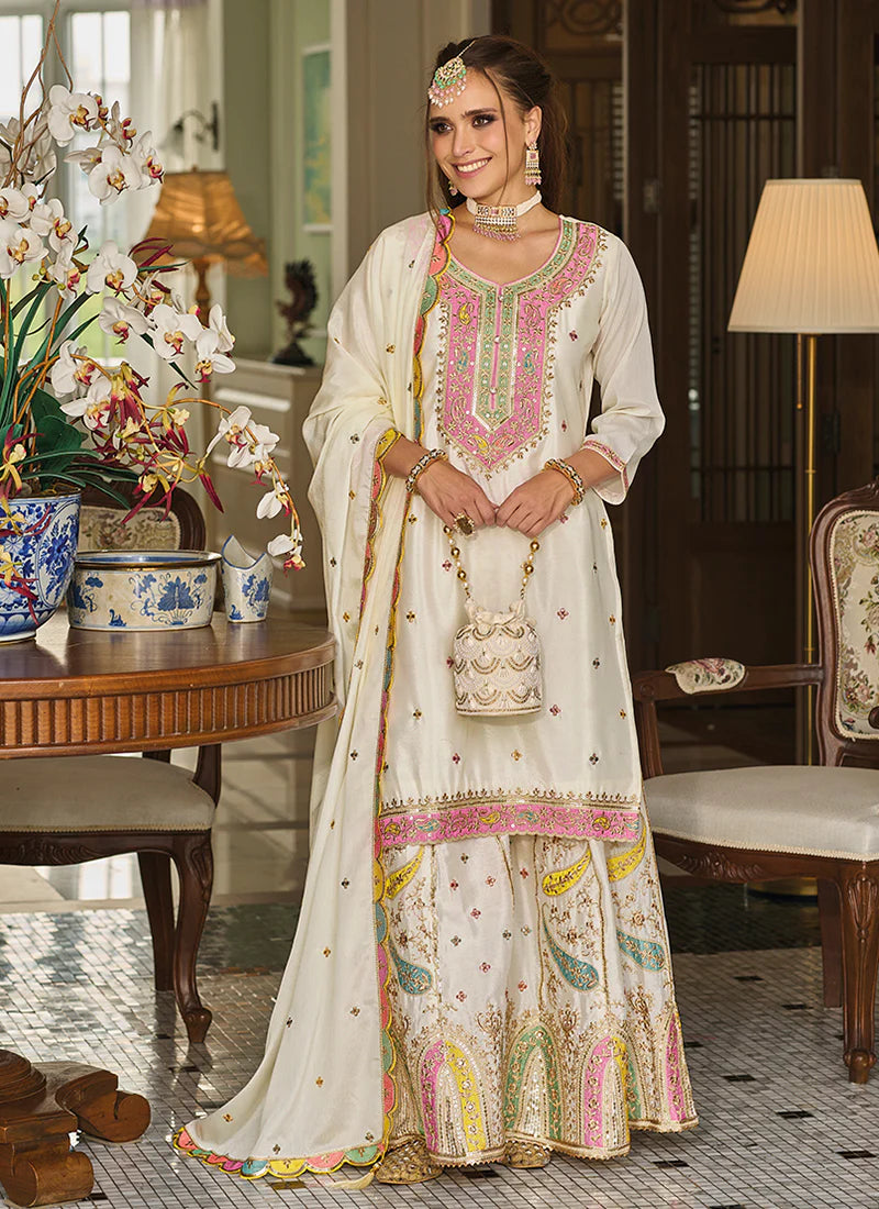 Pretty White Color Embroidery Work Palazzo Suits And Dupatta In Suncity