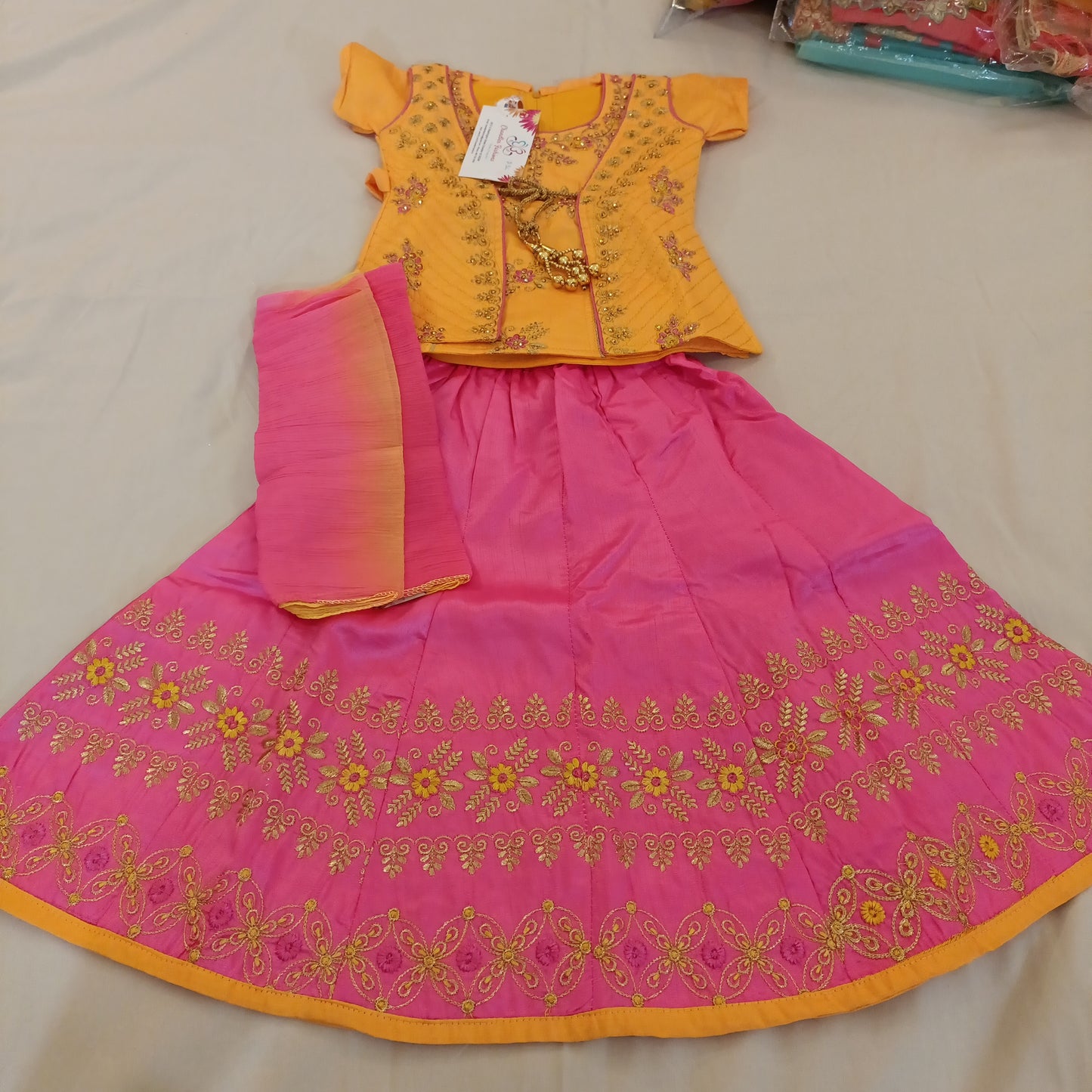 Alluring Yellow Stone Work Lehanga Choli For children In USA