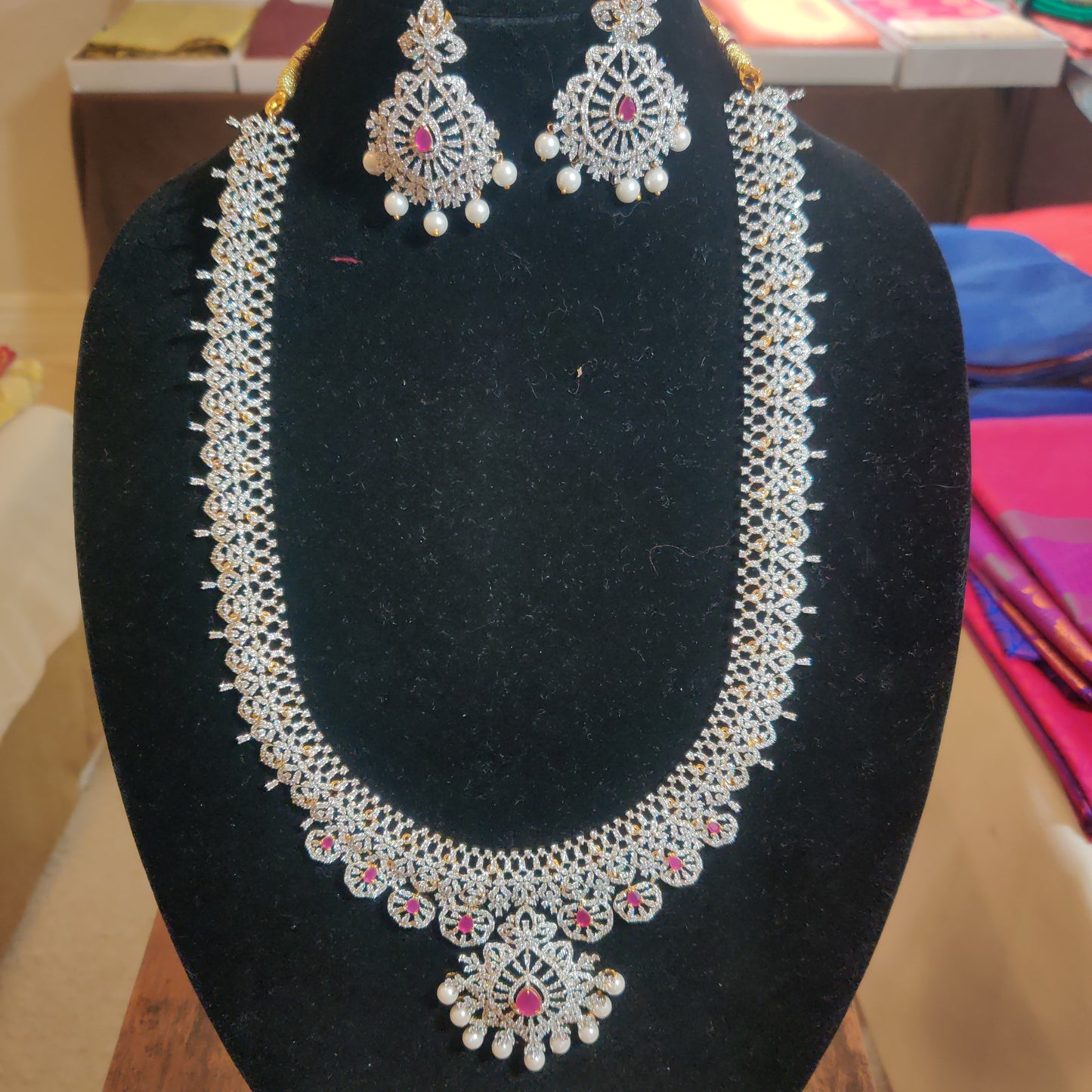 Attractive Pink Stoned Desinger Long Beaded Necklace With Earrings