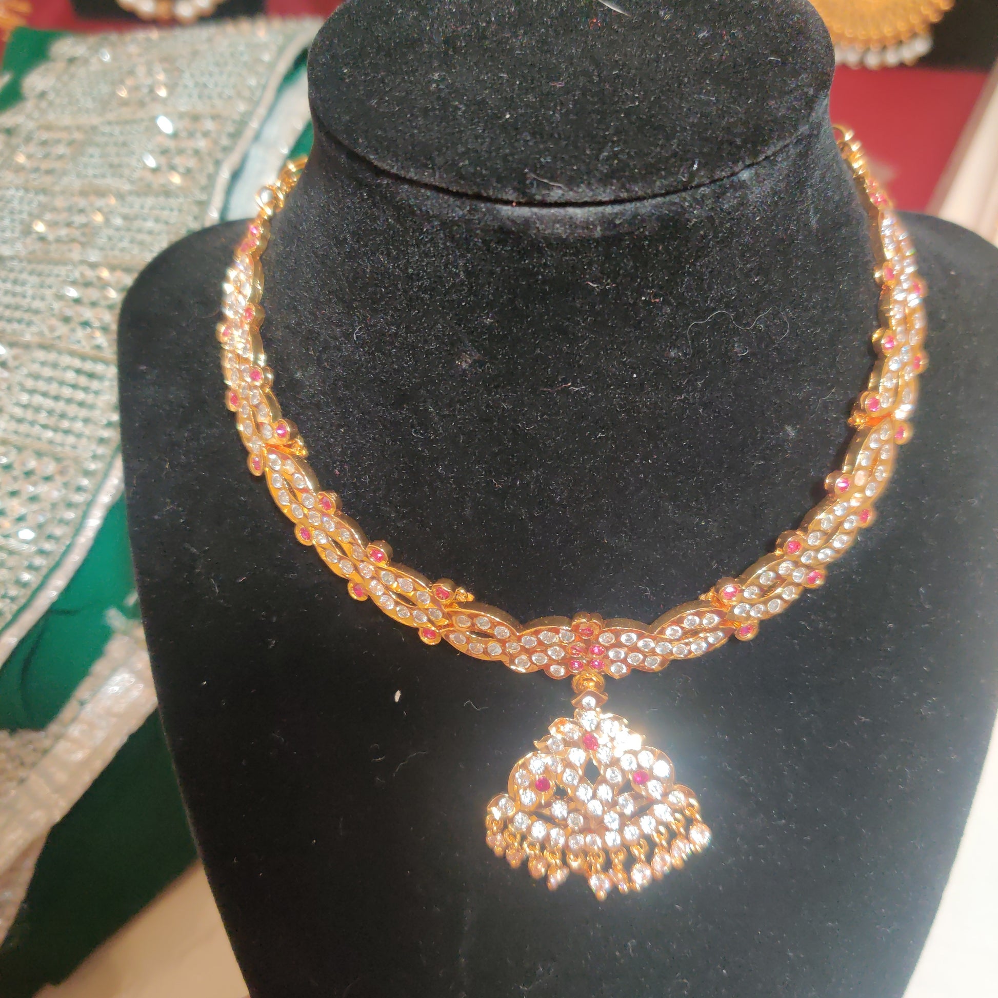 Awesome Gold Plated Necklace With Ruby And White Stones For Women
