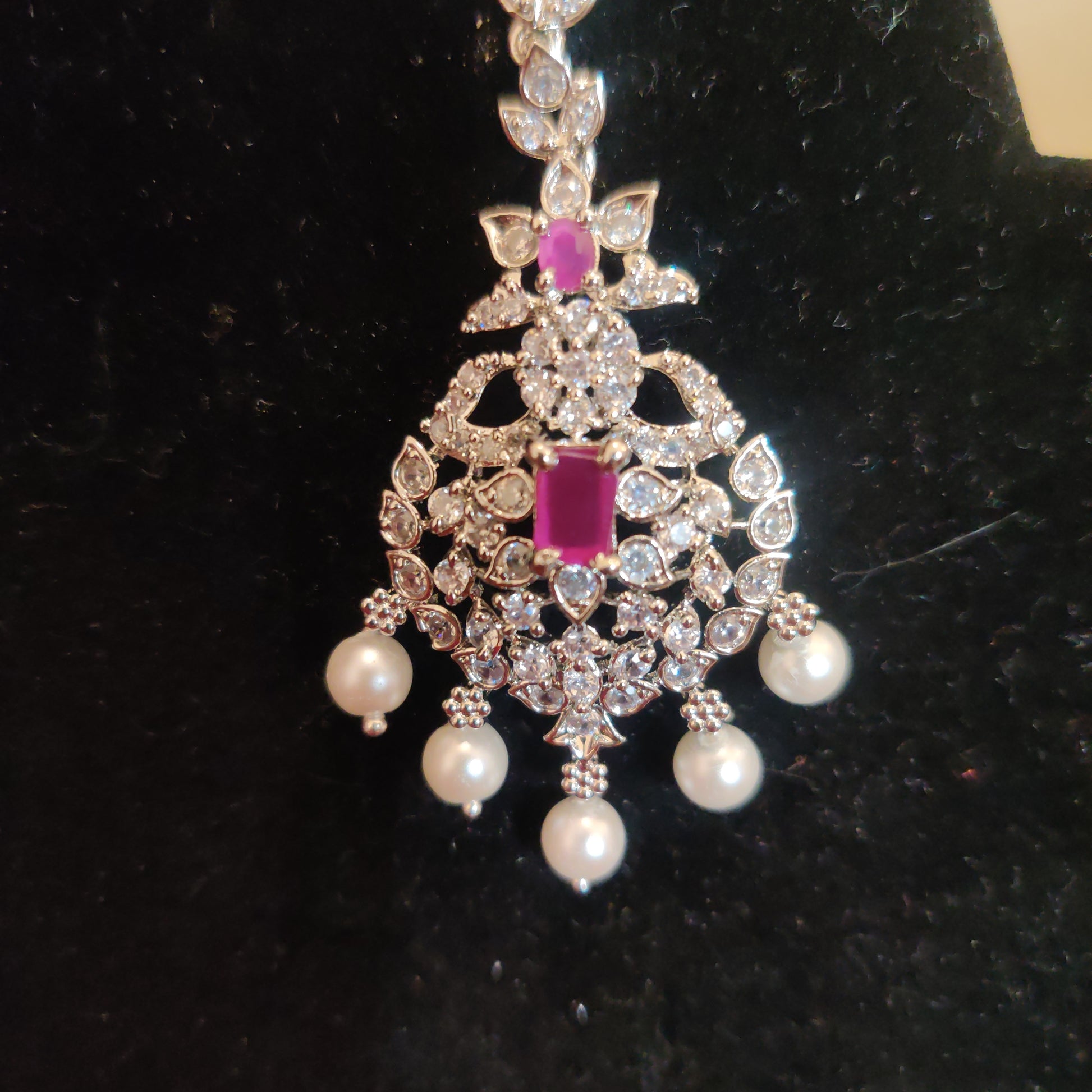Elegant AD Maang Tikka With Purple Color Stone And White Pearls