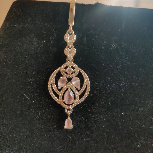 Appealing AD Maang Tikka With Light Pink And Green Colored Stones