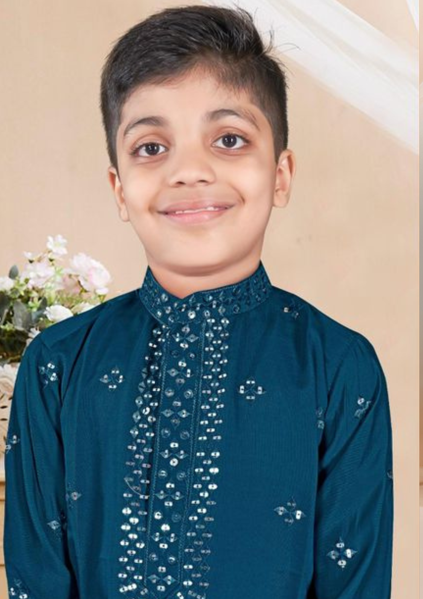Teal Blue Color Sequins Work Kurta And Pajama Pant For Kids Near Me