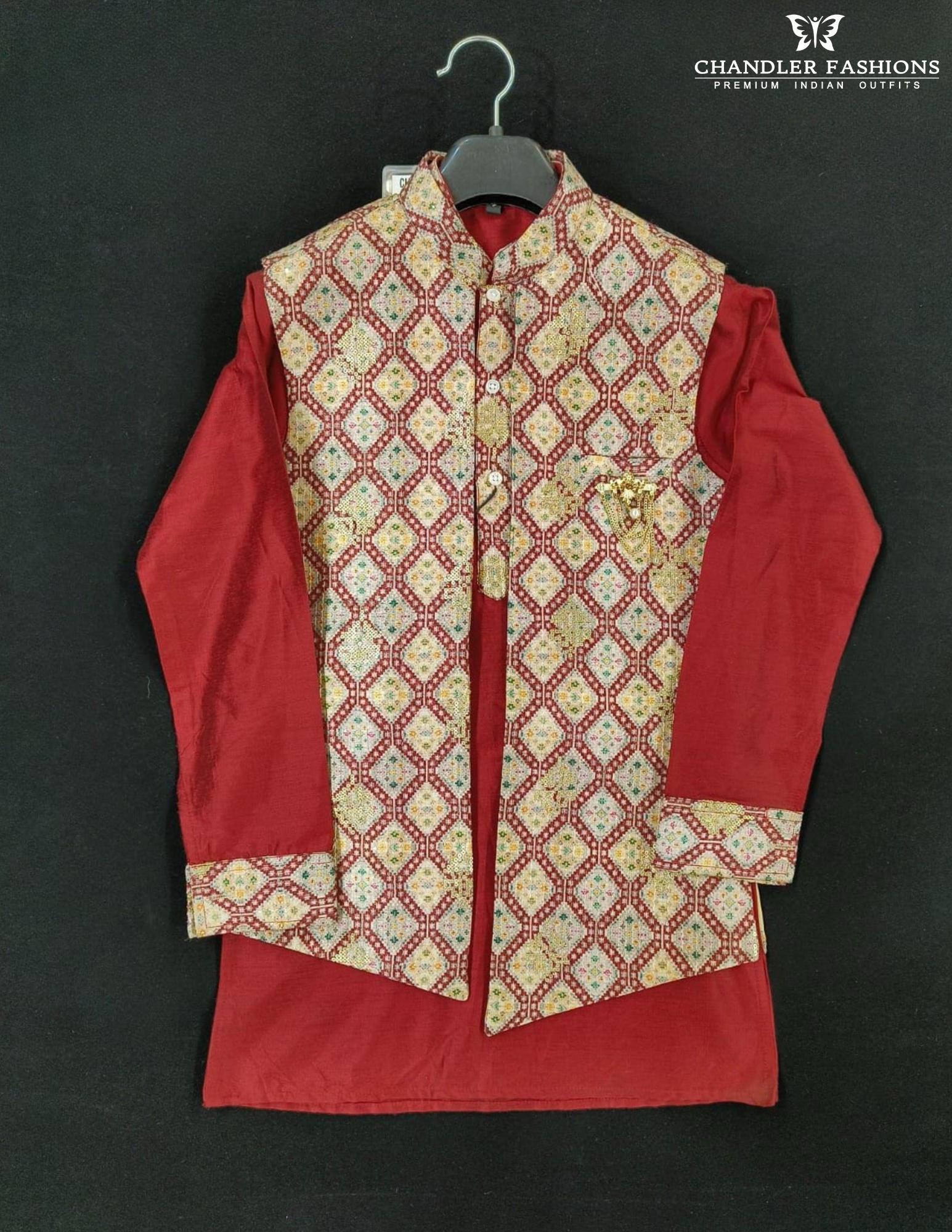 Alluring Red Color Silk Cotton Sherwani Jacket With Pajama For Boys