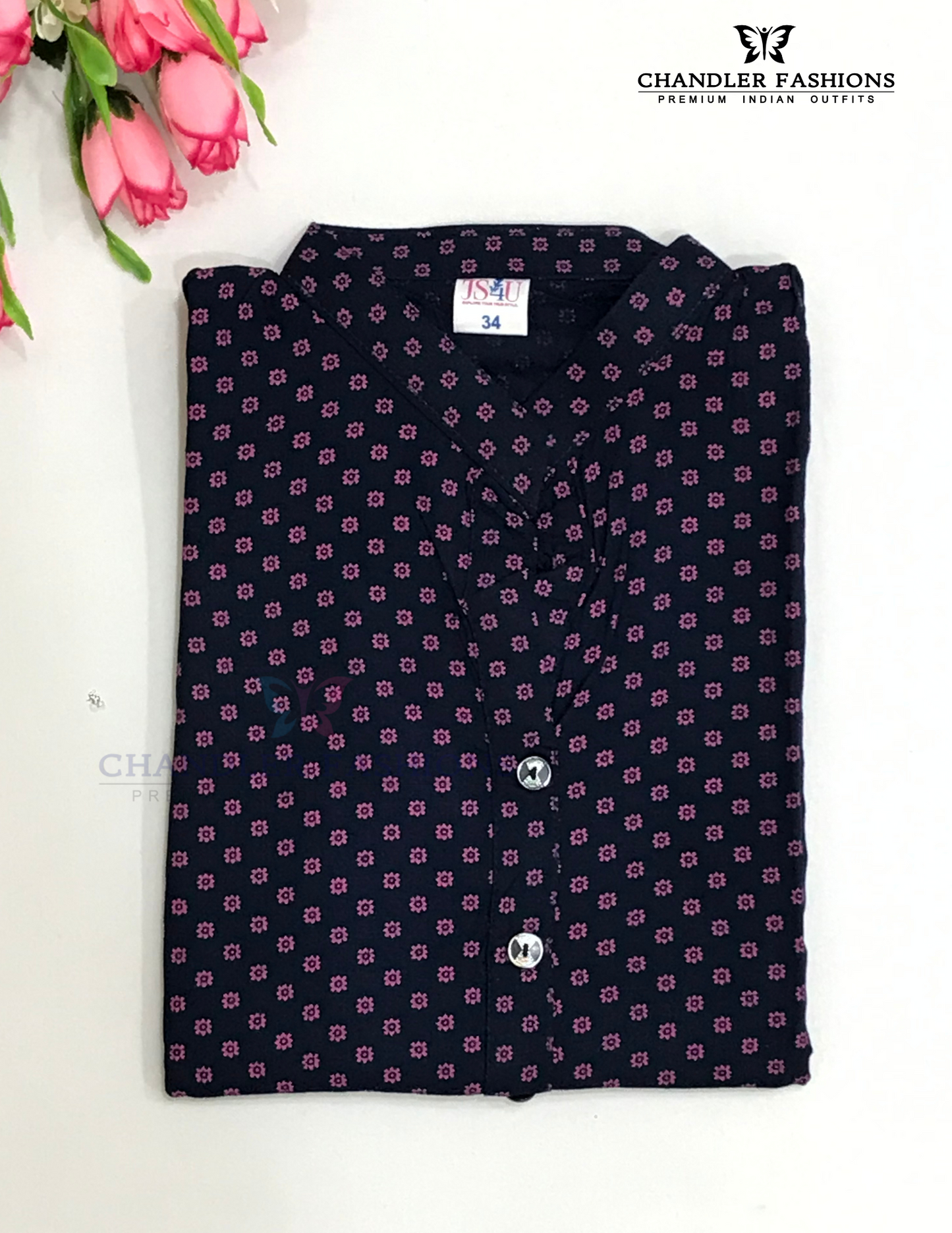 Dark Blue And Pink Color Rayon With Printed Work Kurti Near Me