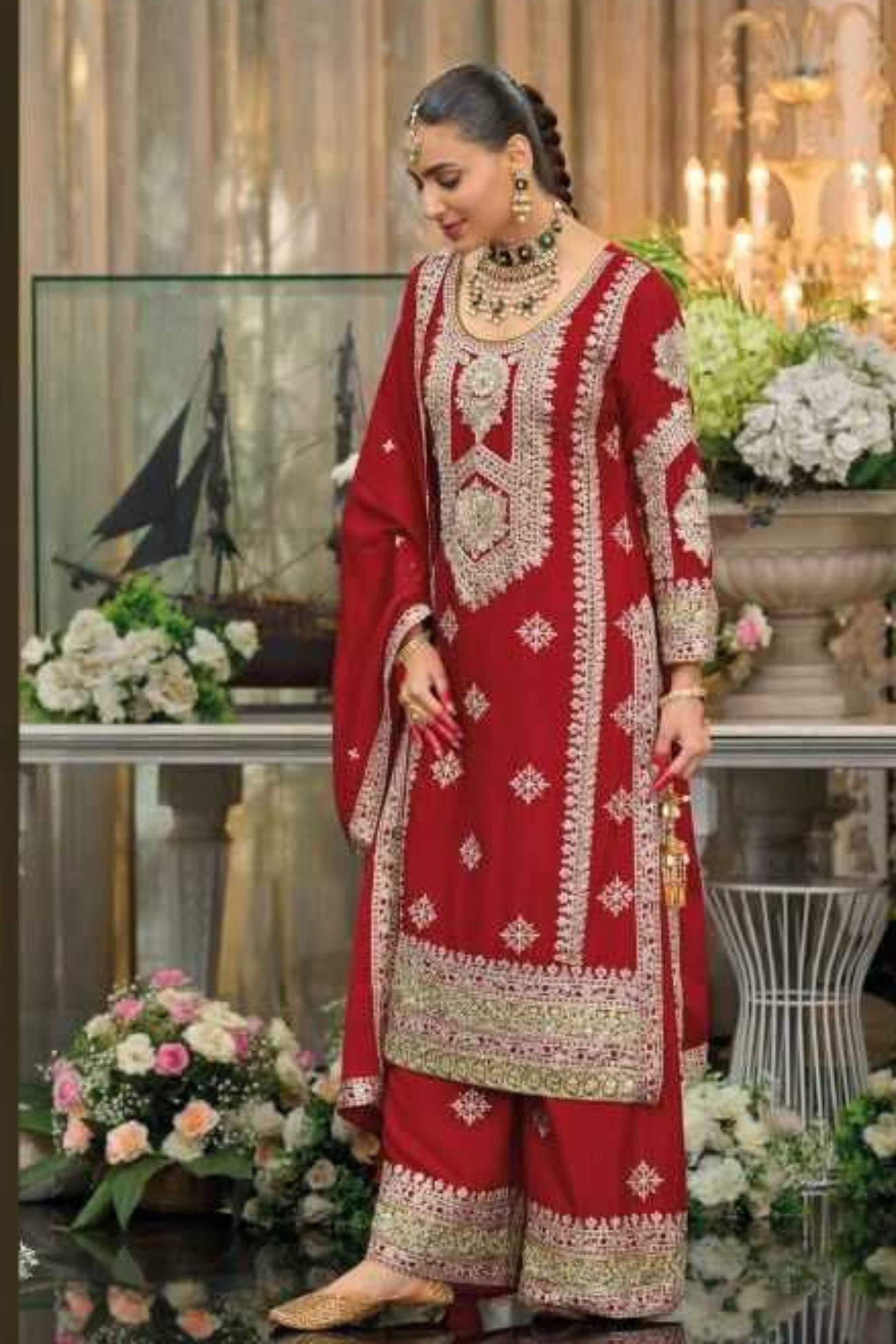 Elegant Designer Red Color Palazzo Suits With Dupatta In USA