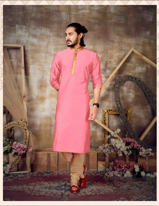 Stunning Pink Color Fancy Slub Silk Kurta With Pajama Set For Men's