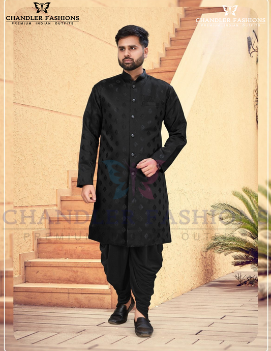 Stunning Black Color Silk Kurta With Embroidery Work And Cotton Pajama Set For Men