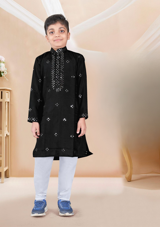 Charming Black Color Kurta Pajama Set With Sequins Work For Kids