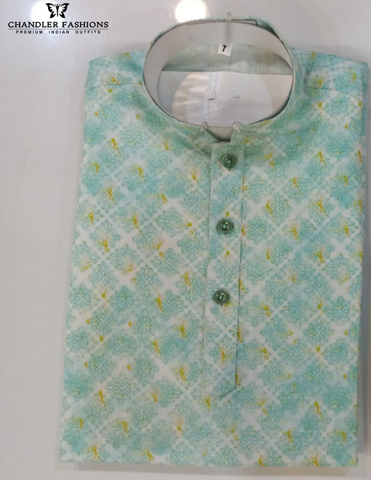 Charming Pista Green Color Cotton With  Printed Work Kurta Suits For Boys