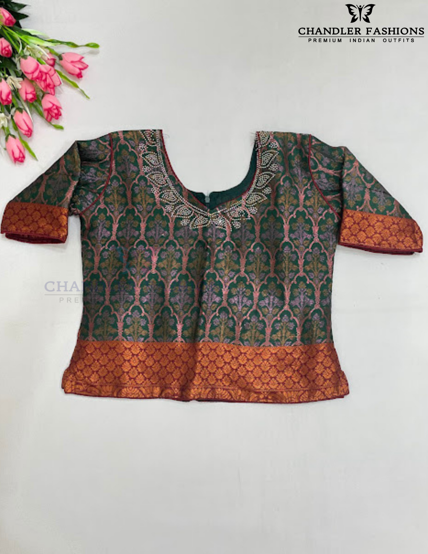 Alluring Dark Green Colored Silk Choli Sets With Stone Work For Girls
