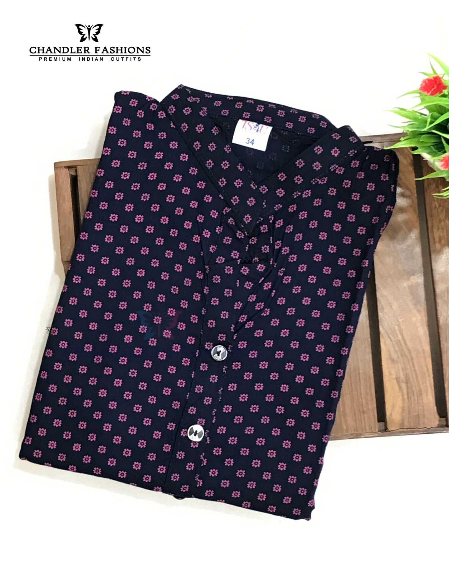 Dark Blue And Pink Color Rayon With Printed Work Kurti In USA