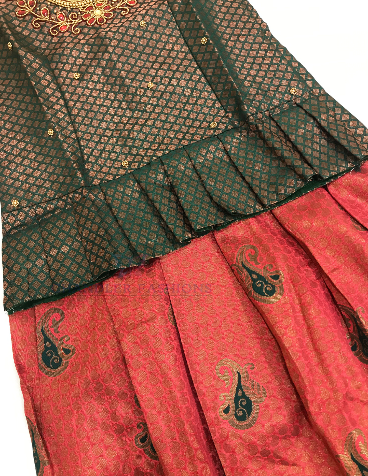 Red And Green Color Silk Langa set With Stone Work In Surprise